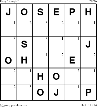 The grouppuzzles.com Easy Joseph puzzle for  with the first 3 steps marked