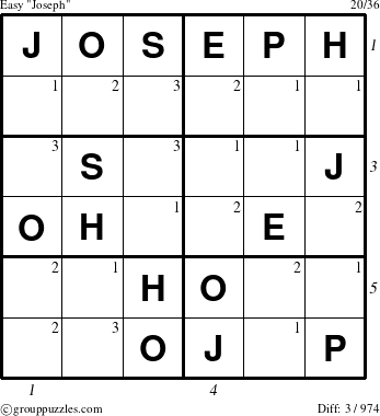 The grouppuzzles.com Easy Joseph puzzle for  with all 3 steps marked