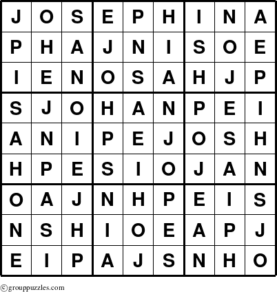 The grouppuzzles.com Answer grid for the Josephina puzzle for 