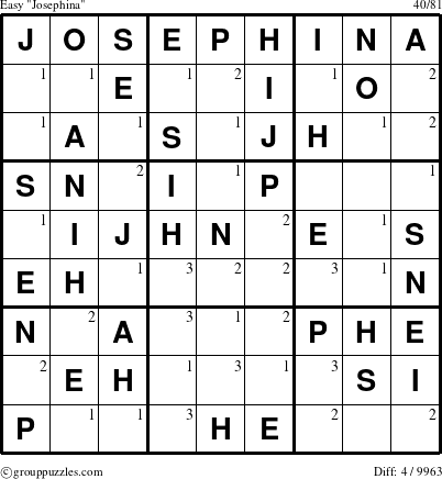 The grouppuzzles.com Easy Josephina puzzle for  with the first 3 steps marked