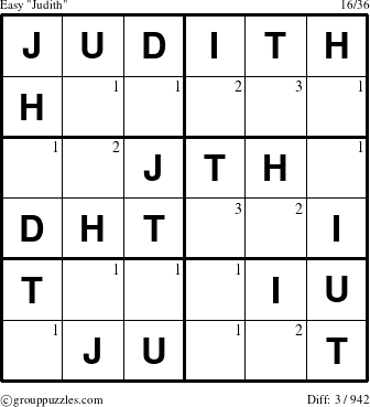 The grouppuzzles.com Easy Judith puzzle for  with the first 3 steps marked