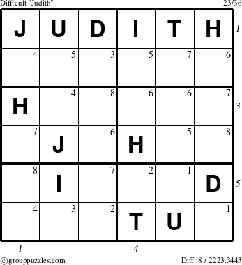 The grouppuzzles.com Difficult Judith puzzle for , suitable for printing, with all 8 steps marked