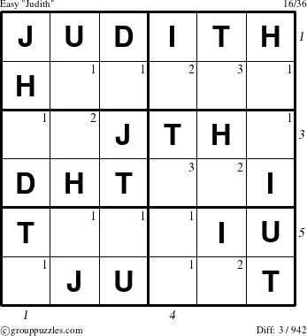 The grouppuzzles.com Easy Judith puzzle for  with all 3 steps marked