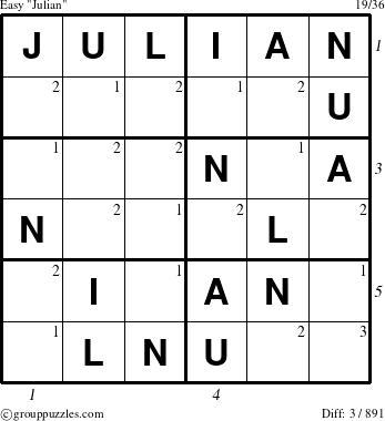 The grouppuzzles.com Easy Julian puzzle for , suitable for printing, with all 3 steps marked