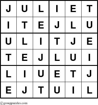 The grouppuzzles.com Answer grid for the Juliet puzzle for 