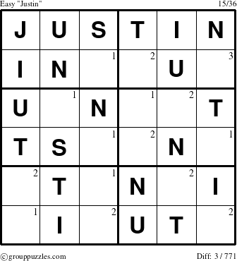 The grouppuzzles.com Easy Justin puzzle for  with the first 3 steps marked
