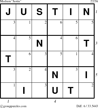 The grouppuzzles.com Medium Justin puzzle for  with all 6 steps marked