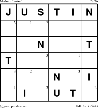 The grouppuzzles.com Medium Justin puzzle for  with the first 3 steps marked