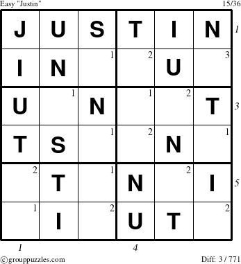 The grouppuzzles.com Easy Justin puzzle for  with all 3 steps marked