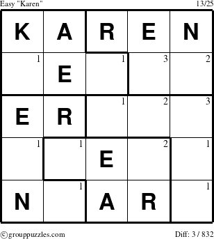 The grouppuzzles.com Easy Karen puzzle for  with the first 3 steps marked