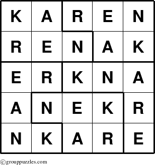 The grouppuzzles.com Answer grid for the Karen puzzle for 