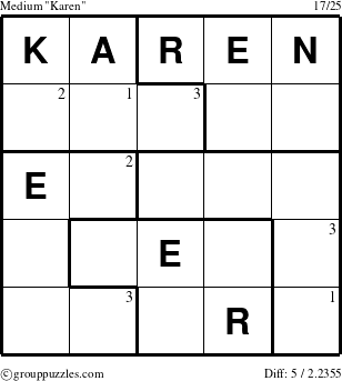 The grouppuzzles.com Medium Karen puzzle for  with the first 3 steps marked