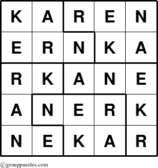 The grouppuzzles.com Answer grid for the Karen puzzle for 