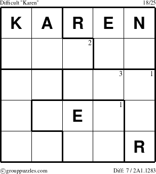 The grouppuzzles.com Difficult Karen puzzle for  with the first 3 steps marked