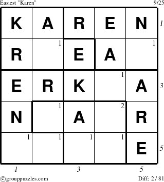 The grouppuzzles.com Easiest Karen puzzle for , suitable for printing, with all 2 steps marked