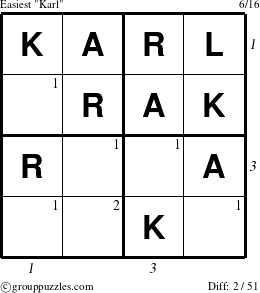 The grouppuzzles.com Easiest Karl puzzle for  with all 2 steps marked