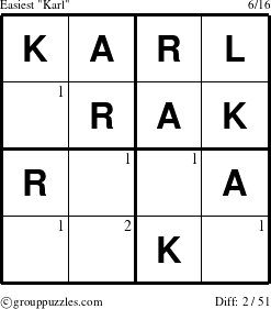 The grouppuzzles.com Easiest Karl puzzle for  with the first 2 steps marked