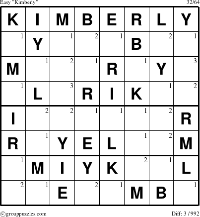 The grouppuzzles.com Easy Kimberly puzzle for  with the first 3 steps marked