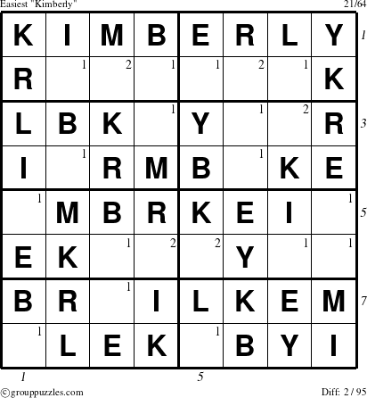 The grouppuzzles.com Easiest Kimberly puzzle for , suitable for printing, with all 2 steps marked