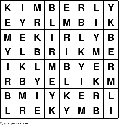 The grouppuzzles.com Answer grid for the Kimberly puzzle for 