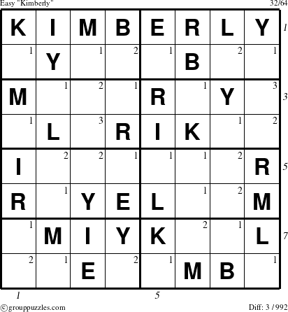 The grouppuzzles.com Easy Kimberly puzzle for  with all 3 steps marked