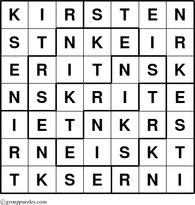 The grouppuzzles.com Answer grid for the Kirsten puzzle for 