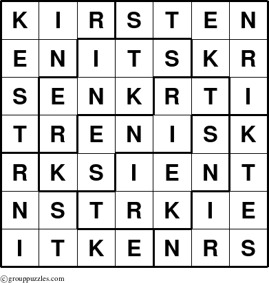 The grouppuzzles.com Answer grid for the Kirsten puzzle for 