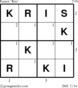 The grouppuzzles.com Easiest Kris puzzle for , suitable for printing, with all 2 steps marked