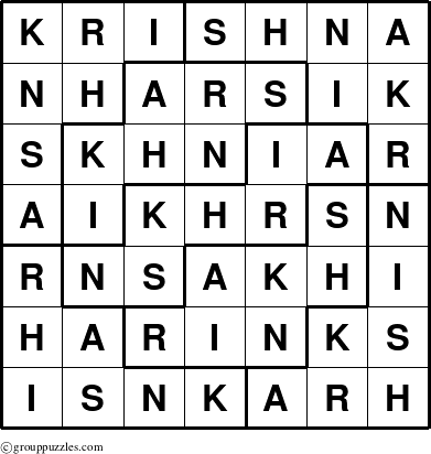 The grouppuzzles.com Answer grid for the Krishna puzzle for 