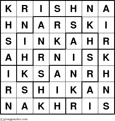 The grouppuzzles.com Answer grid for the Krishna puzzle for 