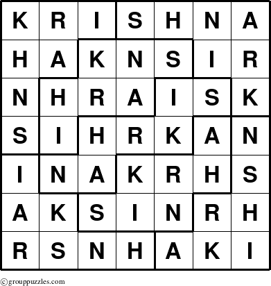 The grouppuzzles.com Answer grid for the Krishna puzzle for 