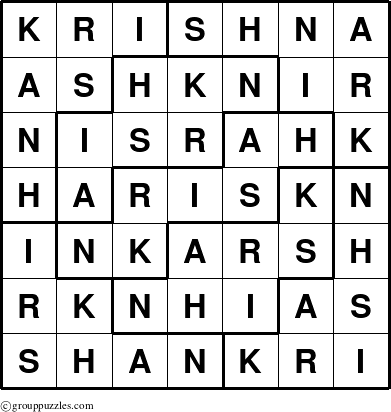 The grouppuzzles.com Answer grid for the Krishna puzzle for 