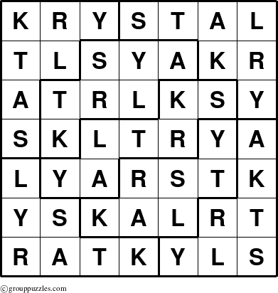 The grouppuzzles.com Answer grid for the Krystal puzzle for 