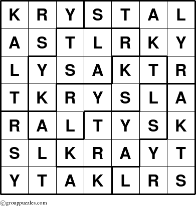 The grouppuzzles.com Answer grid for the Krystal puzzle for 