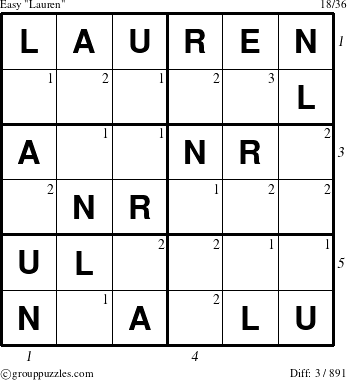 The grouppuzzles.com Easy Lauren puzzle for , suitable for printing, with all 3 steps marked