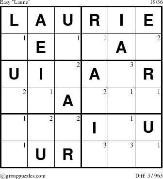 The grouppuzzles.com Easy Laurie puzzle for  with the first 3 steps marked