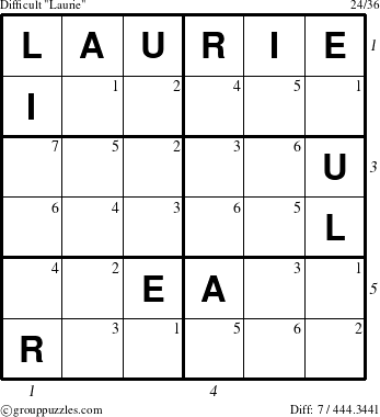 The grouppuzzles.com Difficult Laurie puzzle for , suitable for printing, with all 7 steps marked