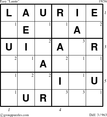 The grouppuzzles.com Easy Laurie puzzle for  with all 3 steps marked