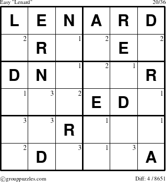 The grouppuzzles.com Easy Lenard puzzle for  with the first 3 steps marked