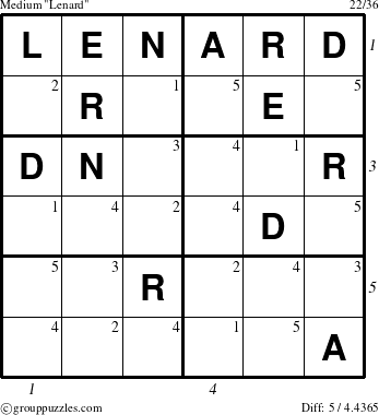 The grouppuzzles.com Medium Lenard puzzle for  with all 5 steps marked