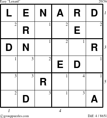 The grouppuzzles.com Easy Lenard puzzle for  with all 4 steps marked