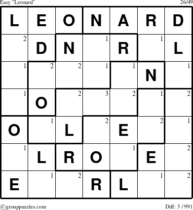 The grouppuzzles.com Easy Leonard puzzle for  with the first 3 steps marked