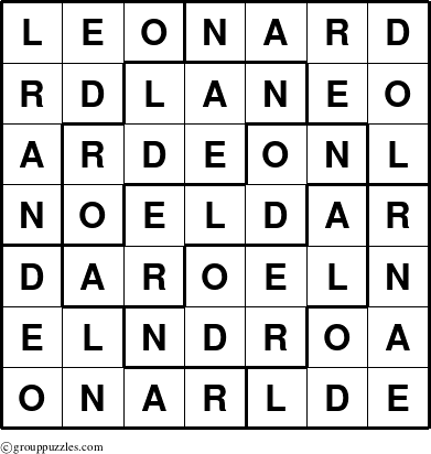 The grouppuzzles.com Answer grid for the Leonard puzzle for 