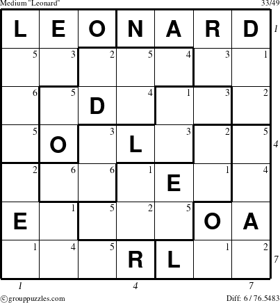 The grouppuzzles.com Medium Leonard puzzle for  with all 6 steps marked