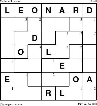 The grouppuzzles.com Medium Leonard puzzle for  with the first 3 steps marked