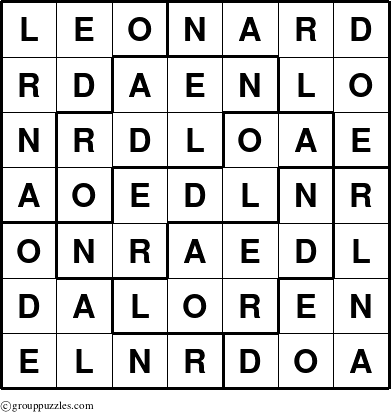 The grouppuzzles.com Answer grid for the Leonard puzzle for 