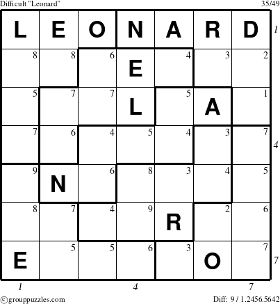 The grouppuzzles.com Difficult Leonard puzzle for , suitable for printing, with all 9 steps marked