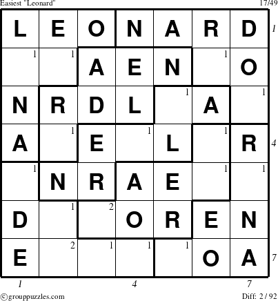 The grouppuzzles.com Easiest Leonard puzzle for , suitable for printing, with all 2 steps marked