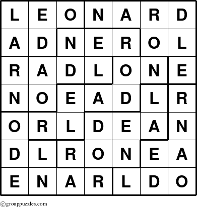 The grouppuzzles.com Answer grid for the Leonard puzzle for 