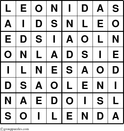 The grouppuzzles.com Answer grid for the Leonidas puzzle for 